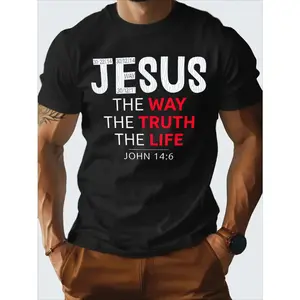 Mens Clothes, T Shirts for Men, Casual Style Design with Print, 100% Pure Cotton Fabric, Jesus The Way The Truth The Life Christian Graphic T-Shirt, Comfortable Fit, Perfect for Church And Daily Wear, Suitable for Daily And Outdoor Wear in Summer