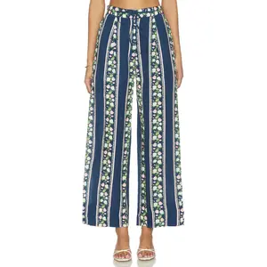 Verandah Linen Lounge Pants in Navy Blue Multi Floral Border Print
