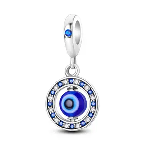 MULA 925 Silver Plated Rotating Evil Eye Pendant | Blue Resin and Sparkling Zirconia | Protection Amulet Charm | Fits Pandora Bracelets and Necklaces | Mysterious Jewelry Gift