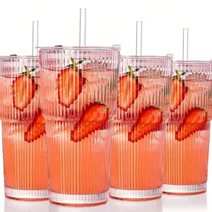 Large Capacity Clear Striped Glass Cup with Lid, Insulated, Multi-Purpose Drinking Glassware for Cold Drinks, Juice and Coffee, Ideal for Home and Office Use, Drinkware, Stylish Glass Cups