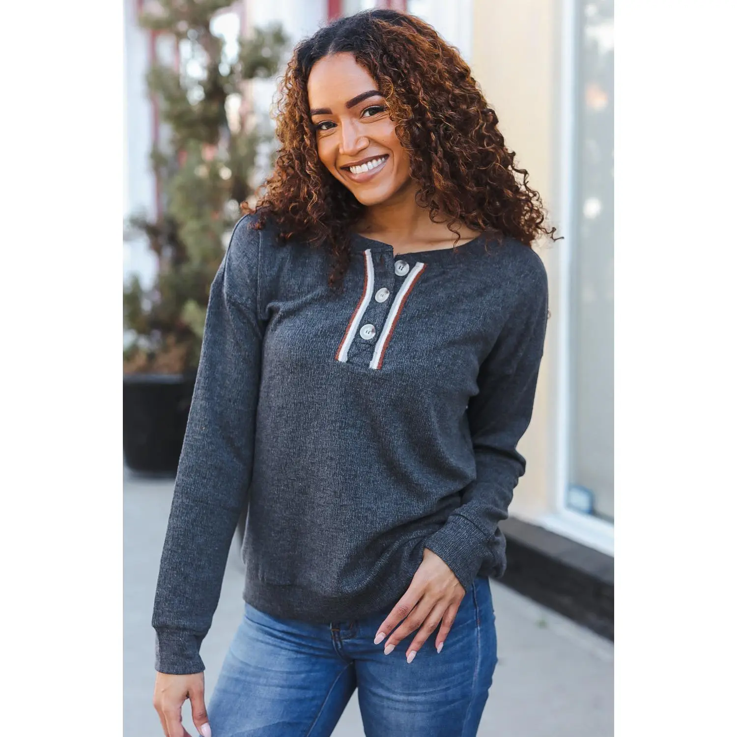 Casual Days Grey Ribbed Knit Button Down Henley Pullover