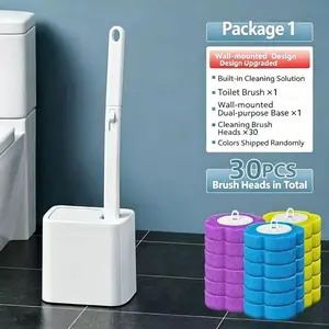 Wall-Mounted Disposable Toilet Brush & Cleaning Kit, 30 Detergent Refills, Multi-Purpose Bathroom Cleaning System for Toilets, Sinks, Bathtubs