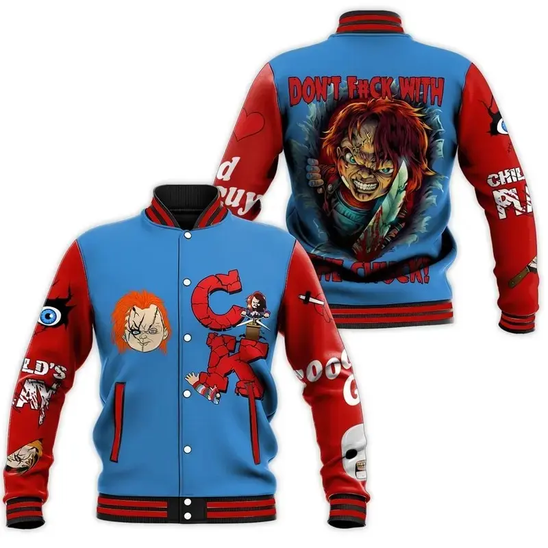 Chucky Dont Fck With The Chucky Baseball Jacket, Scary Killer Doll Chucky Graphic Print Varsity Jacket, Baseball Jacket, Varsity Sportwear Style, Unisex Casual Look
