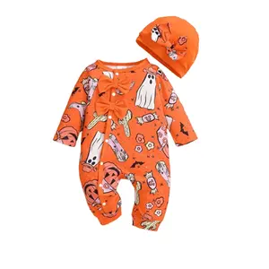 Halloween Clothes For 1-18M Infant Baby Girls Pumpkin Bat Ghost Pattern Print Long Sleeve Single Breasted Design Romper with Hat Set Orange 42508003