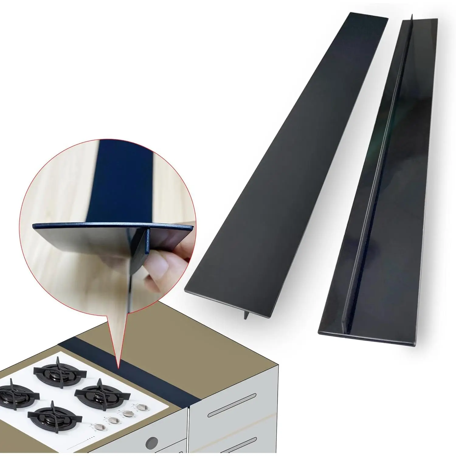 Black Stove Gap Covers (2 Pack),  Gap Filler for Stove and Counter, Oven Edge Side Gap Guards, Kitchen Range Crumb Catcher Strips between Stovetop and Countertop (21 inch Black)