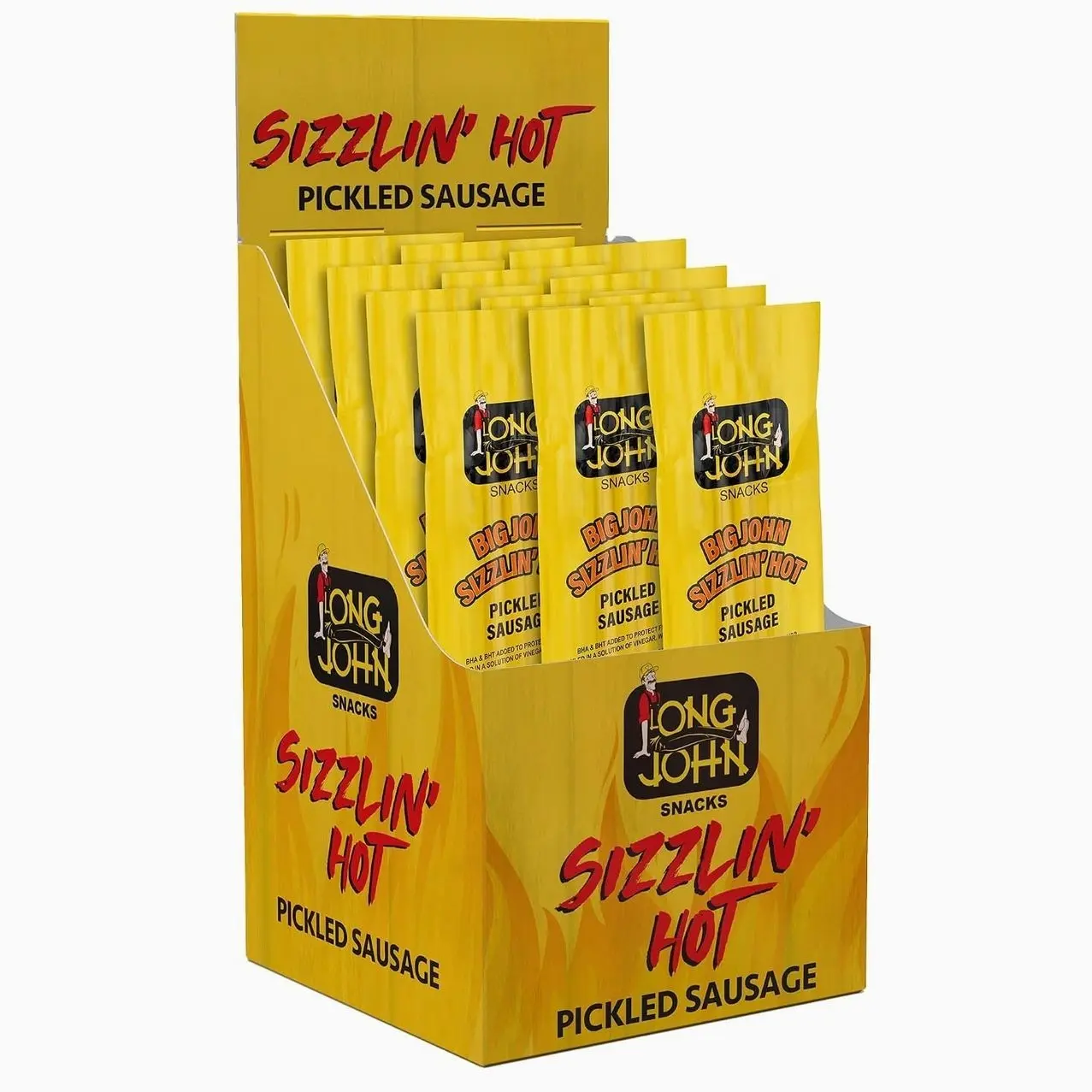 Long John Snacks Sizzlin’ Hot Pickled Sausage - Great Christmas Gift, Stocking Stuffer, White Elephant or Secret Santa Present & Spicy Holiday Charcuterie Snack - Smoked Gourmet Meat Stick - 12 Pack