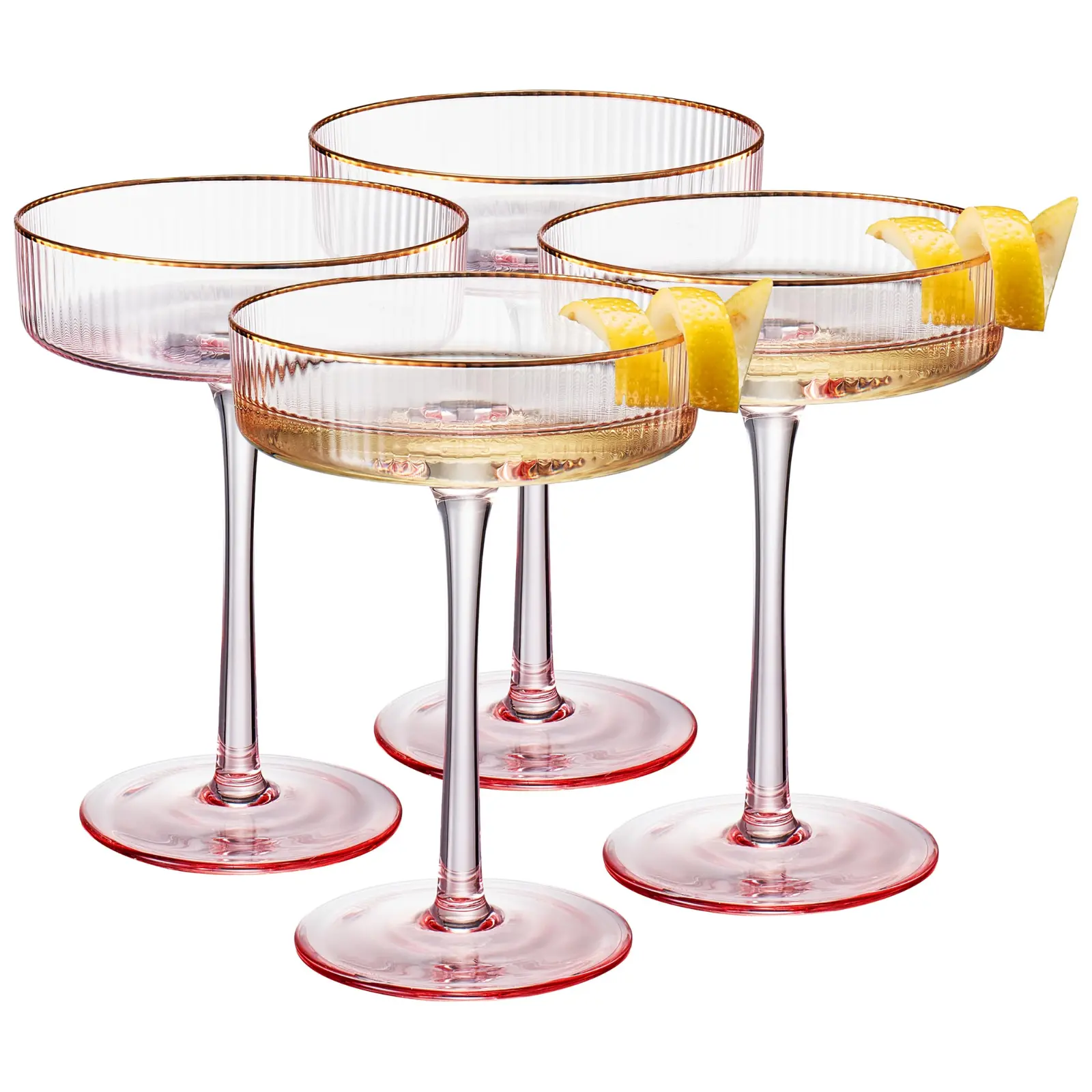 Khen Ribbed Vintage Art Deco Coupe Glasses - Martini, Champagne & Cocktail Ribbed Glasses 8oz | Crystal Ripple Goblet Glassware Set, Pink Gilded, 4 Pieces, Housewarming Gift