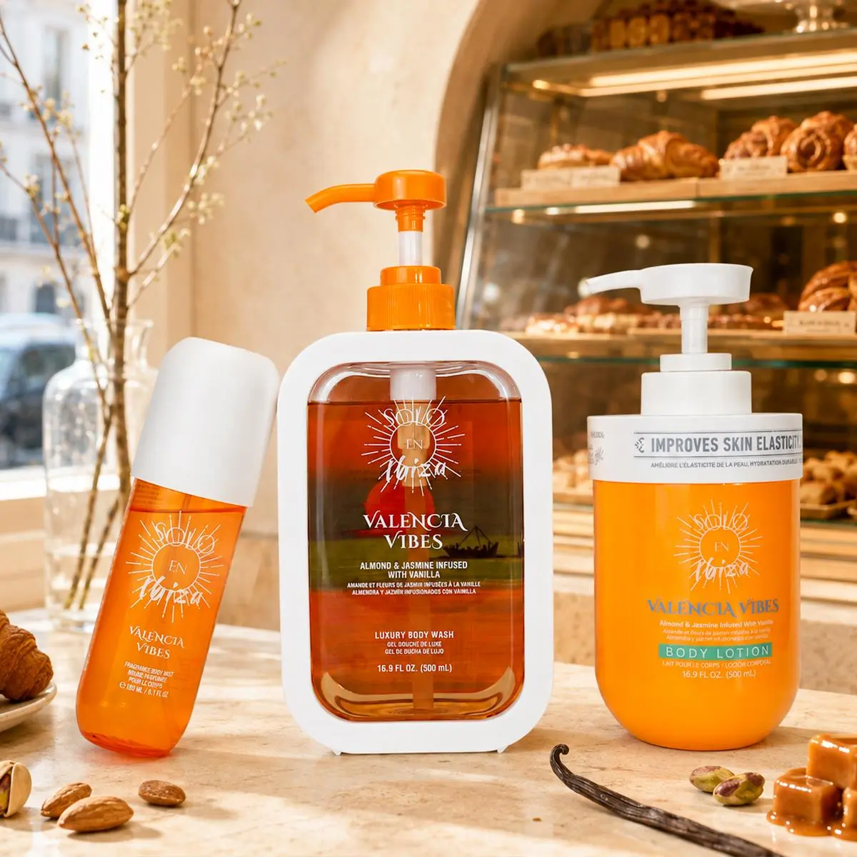 SOLO EN IBIZA Valencia Vibes 3-Piece Bath & Body Layering Set, 6.1 fl oz (180ml) Fragrance Mist, 16.9 fl oz (500ml) Body Lotion & Body Wash, Warm Gourmand Scent with Pistachio, Almond, Salted Caramel & Vanilla, Long-Lasting Evolution of 602