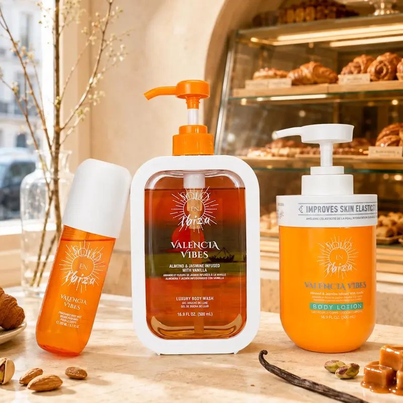 SOLO EN IBIZA Valencia Vibes 3-Piece Bath & Body Layering Set, 6.1 fl oz (180ml) Fragrance Mist, 16.9 fl oz (500ml) Body Lotion & Body Wash, Warm Gourmand Scent with Pistachio, Almond, Salted Caramel & Vanilla, Long-Lasting Evolution of 602