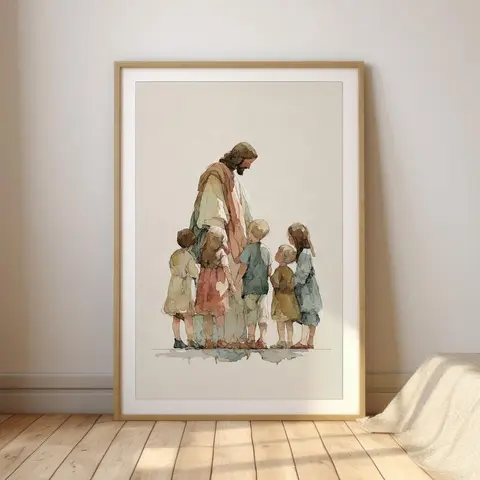 Jesus with Children Print – Christian Nursery Wall Art, Bible Story Watercolor, Christian Printable for Kids