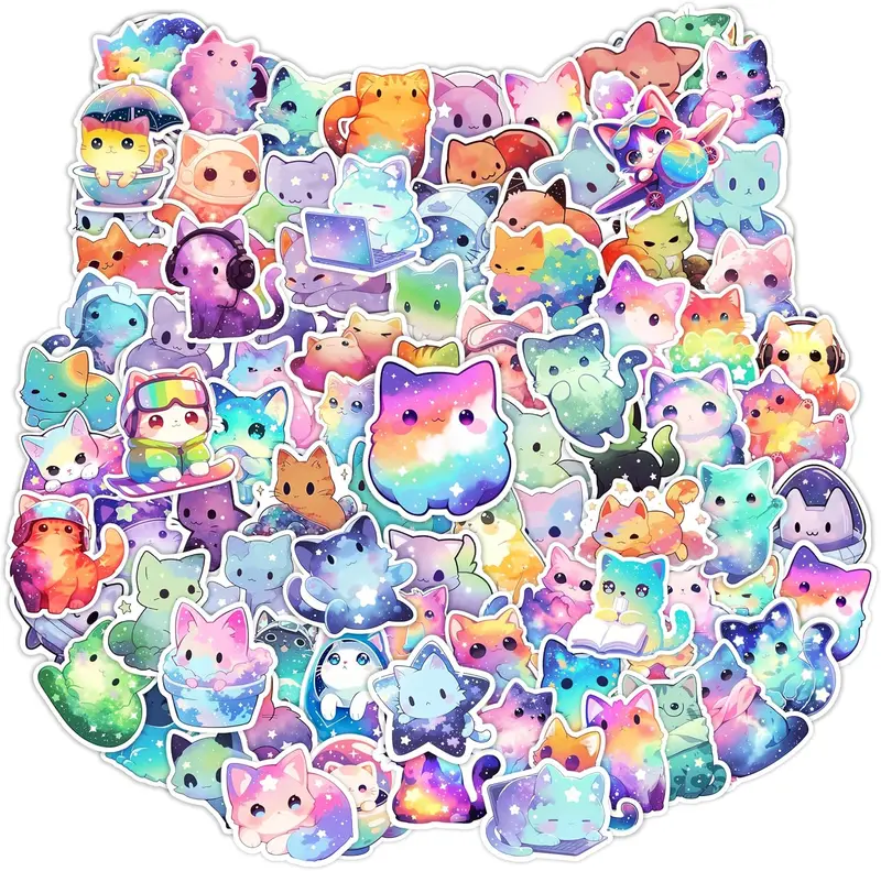 100Pcs Starry Cute Cat Stickers for Laptop Kawaii Kitty Sticker for Kids Adults Waterproof Vinyl Decal for Water Bottle Luggage Skateboard Phone Rainbow Cat Party Favors Unique Designs Endless Fun