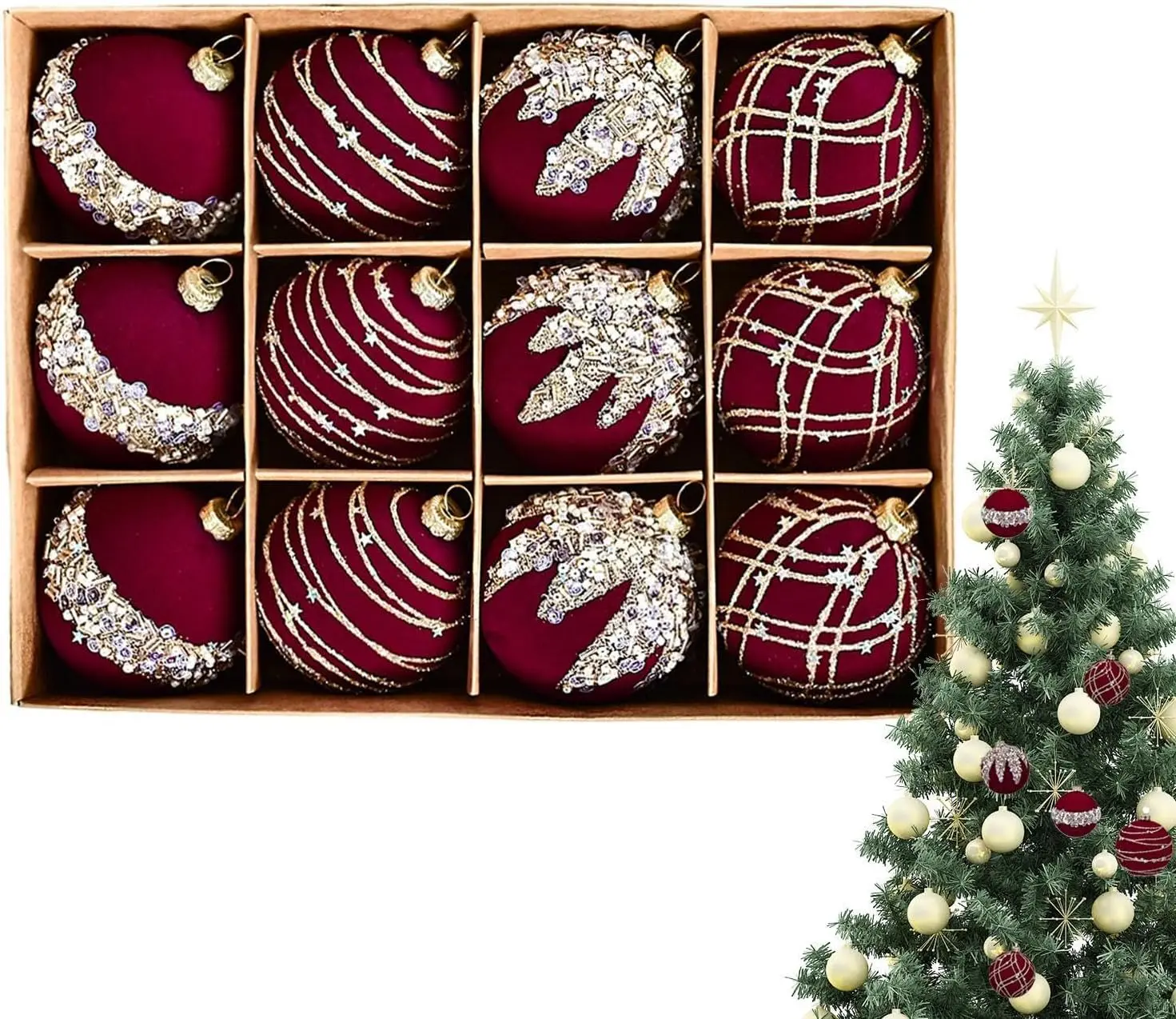 Christmas Ornaments – Diamond Flocked Velvet Balls for Tree, Elegant Hanging Holiday Decorations