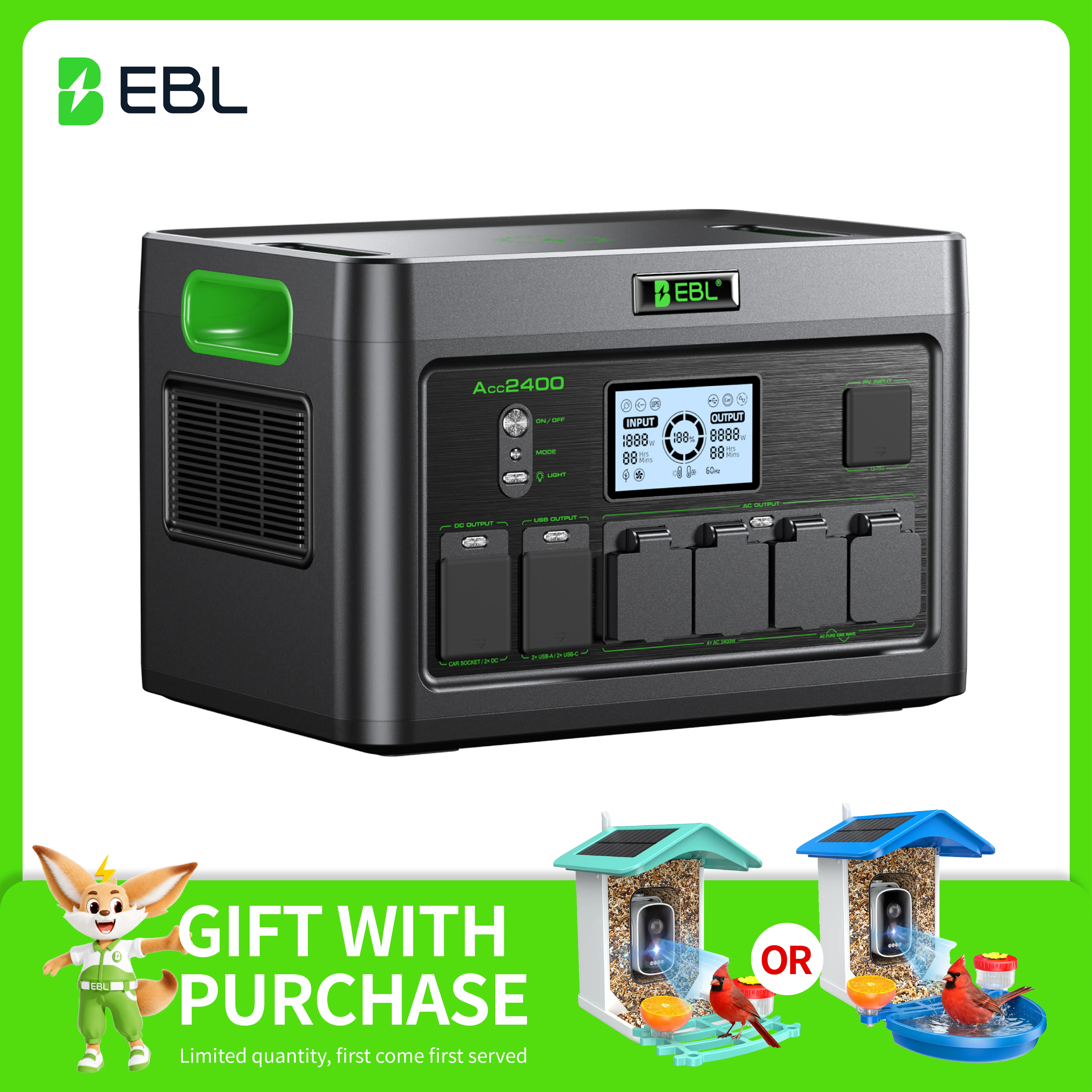 EBL 2400W Portable Backup Battery Power Supply - Single Unit/Combo (Combo Items Shipped Separately), 1843Wh, 4 AC Outlets, 100W PD, Off-Grid Inverter, Portable Bank Generator for Home, Outdoor (Supports 12000BTU Window AC, RV), Power Portable