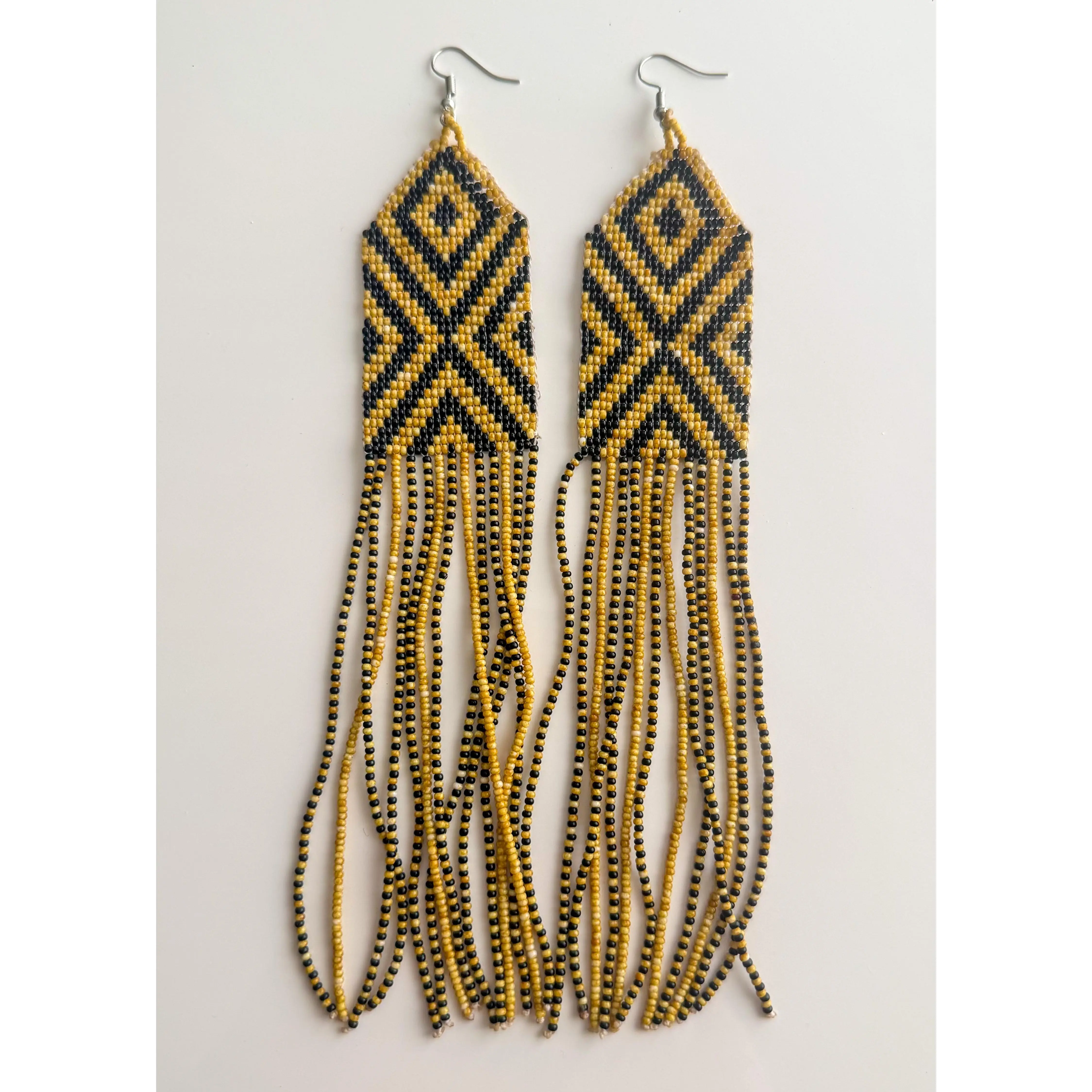 Wai Wai Beaded Fringe Earrings – 7" Handmade Indigenous Jewelry from Brazil