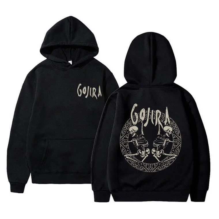 Men's Graphic Hoodie, Casual Streetwear Pullover with Gojira Skeleton Double-Sided Print, Soft Stretchy Cotton Blend Fleece, Sweatshirts, Unisex, Classic, Stylish, Halloween, Spandex, Fabric, Menswear, Long Sleeve, Thanksgiving, Easter