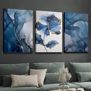 Set of 3 framed canvas paintings and posters, ready to hang, modern blue floral abstract art decoration, home wall art, high-definition printing, ideal gift, suitable for living room, bedroom, dining room, office decor