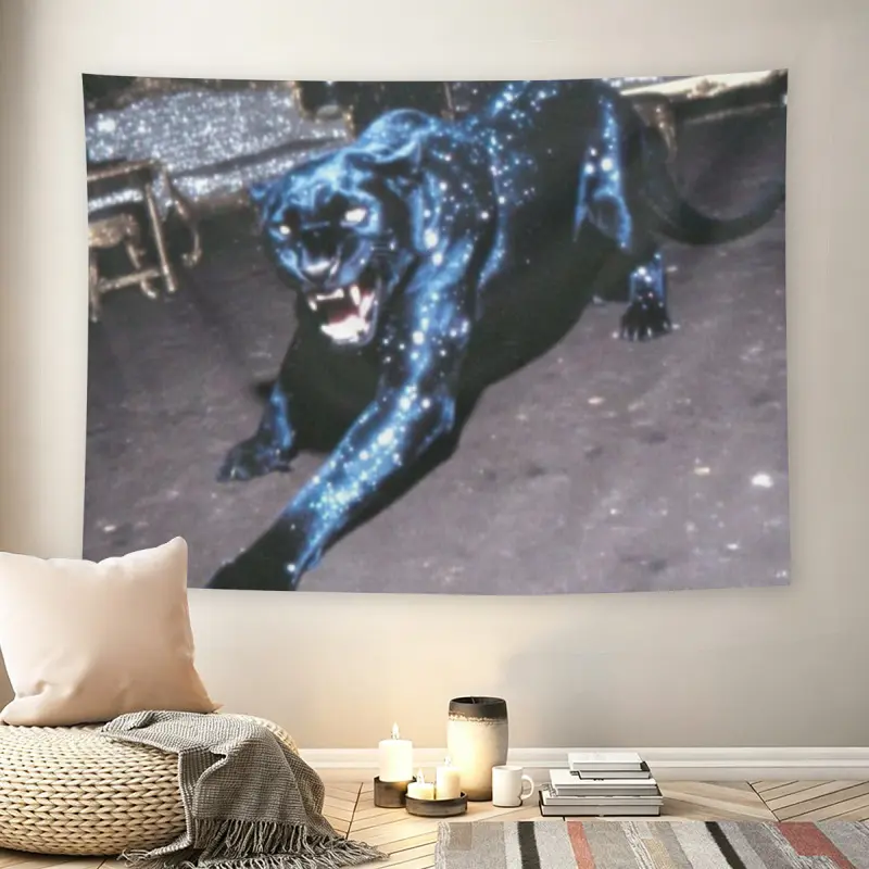 Glitter Black Panther Wall Flag, Sparkly Wild Animal Grunge Tapestry, Mid-century Modern Dark Room Decor for Adult Fans, Shiny Big Cat Aesthetic Wall Hanging