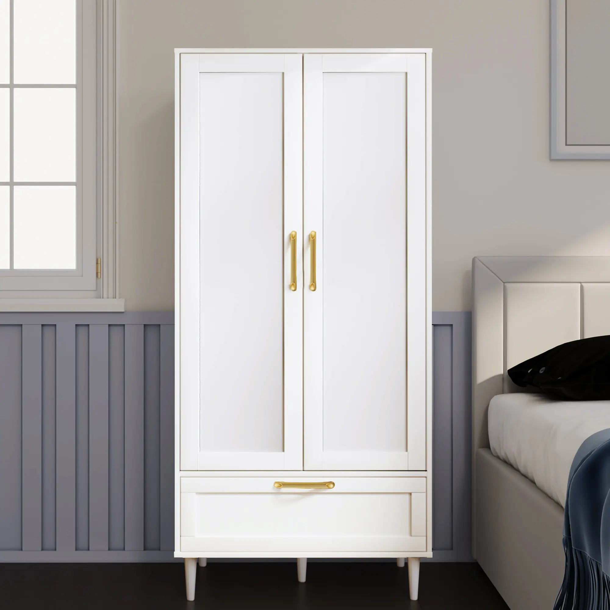 Minimalist Double-Door Wardrobe in White and Black with Exquisite Storage Space for Modern Bedrooms and Closets