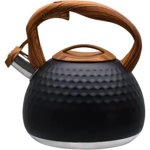 Tea Kettle for Stove Top, Loud Whistling Kettle for Boiling Water Coffee or Milk, 3.1 Quart 3L Heavy Stainless Steel Black Kettle with Wood Pattern Handle, Unique Button Control Kettle Outlet