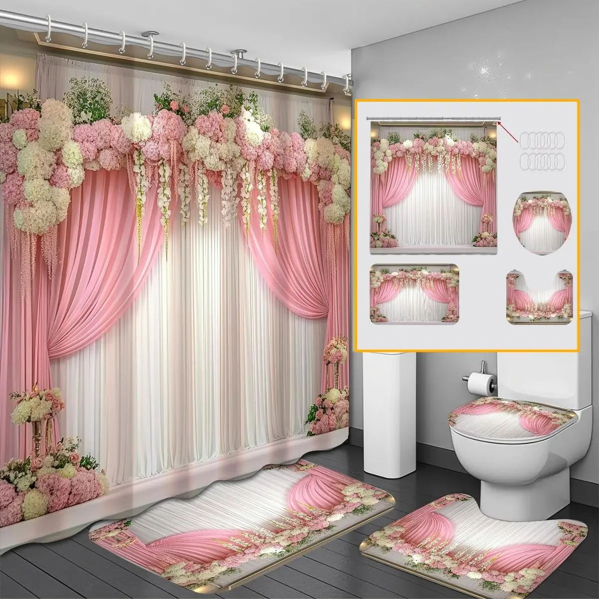 1/4 Bathroom Set, Artistic Print Shower Curtain, Toilet Accessories Combo, All-Season Use, Waterproof, Anti-Slip Mat, Soft & Durable, Shower Curtain Sets, Shower Essentials