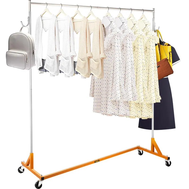 VEVOR Industrial-Grade Stainless Z-Base Freestanding Laundry Organizer Garment Rack - Hangable, 70.9"/180cm Height-Adjustable, Sturdy Steel Lockable Casters, Adjustable Standing Shelf for Bedroom, Cloakroom, Clothing Store Use