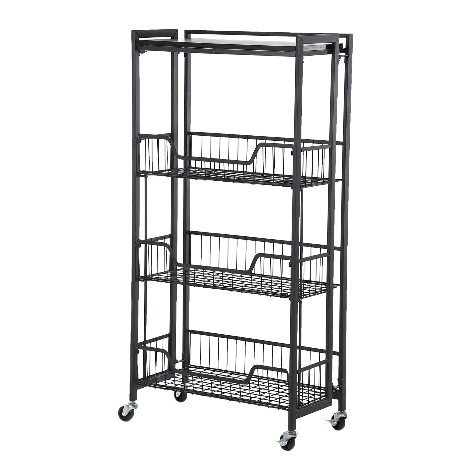 Folding Kitchen Cart on Wheels, Iron and Wood Roller Storage Cart with 3-Point Shelves, Utility Kitchen Fruit Organizer, Vengetable Pantry Cart, Space-Saving Cart for Home, Black