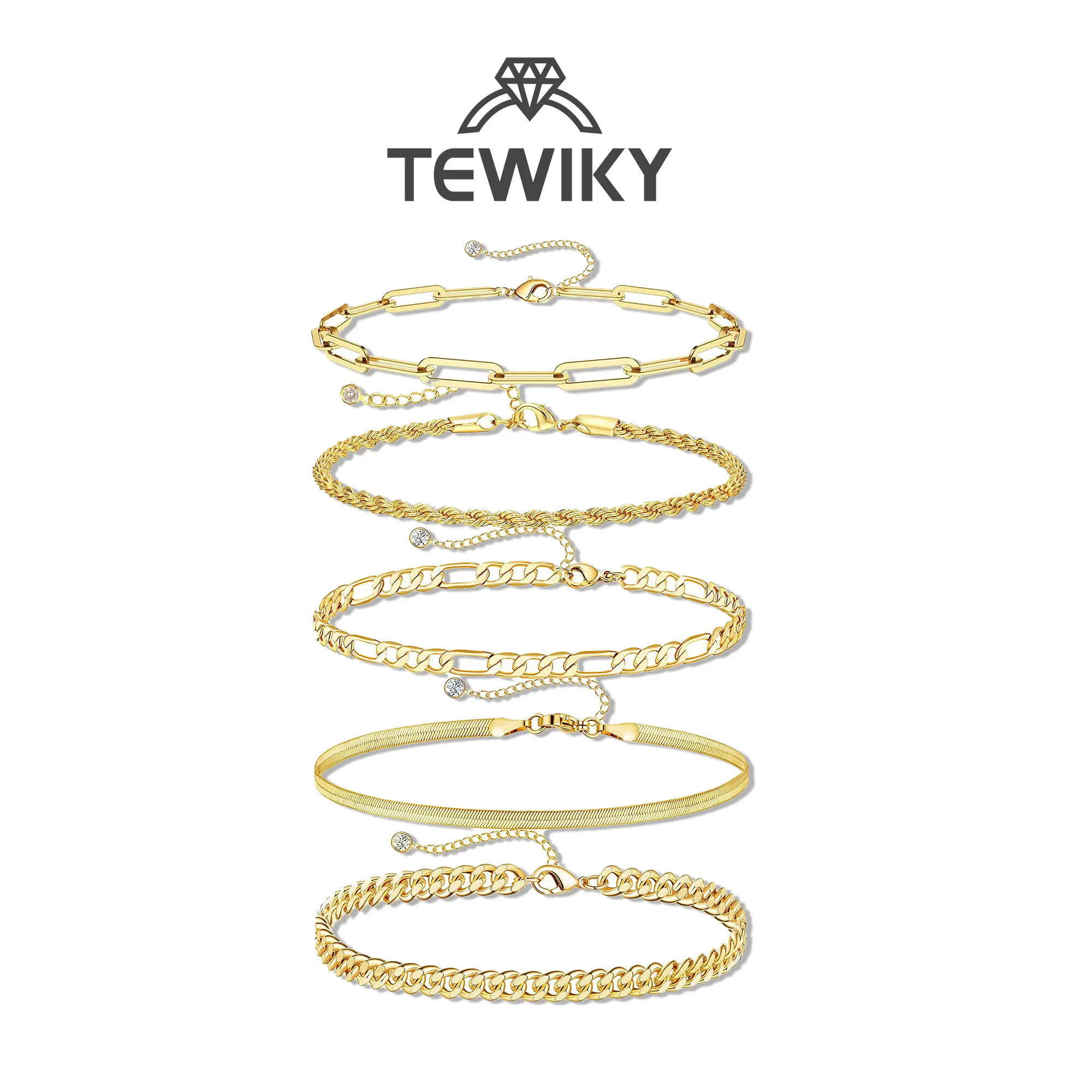 Tewiky Greenish Spring Jewelry, Trendy Thin Dainty Stackable Cuban Link Paperclip Chain Bracelet Pack Fashion Accessories maximalist jewelry Bracelets for Women Waterproof,  Jewelry Sets Gift,Elegant Minimalist Bangle Gift