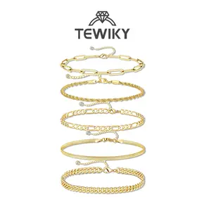 Tewiky Greenish Spring Jewelry, Trendy Thin Dainty Stackable Cuban Link Paperclip Chain Bracelet Pack Fashion Accessories maximalist jewelry Bracelets for Women Waterproof,  Jewelry Sets Gift,Elegant Minimalist Bangle Gift