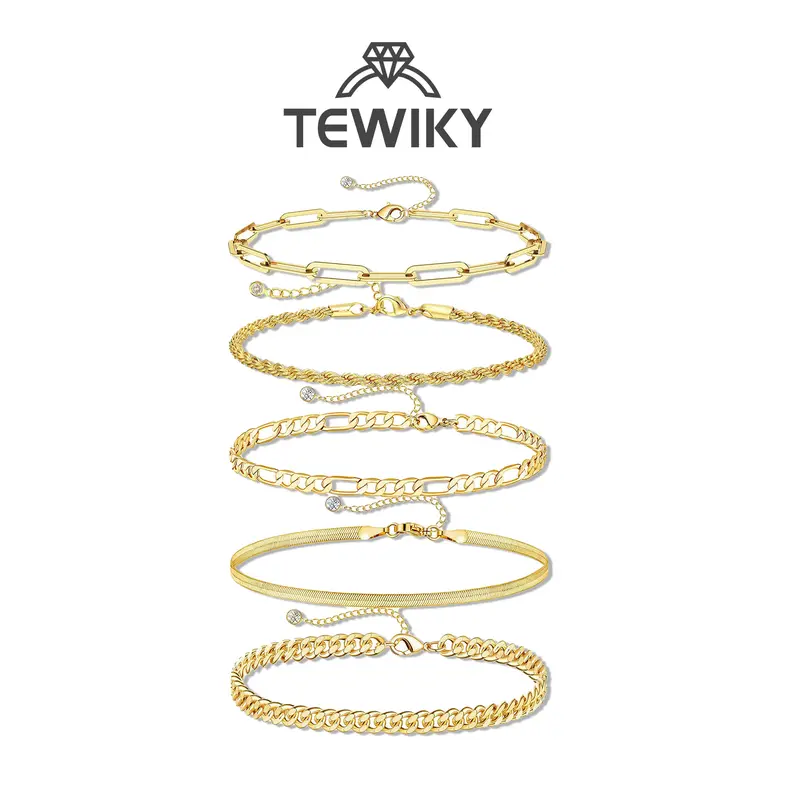 Tewiky 14K Gold Plated Bracelet For Women Trendy Thin Dainty Stackable Cuban Link Paperclip Chain Bracelet Pack Fashion Accessories maximalist jewelry Bracelets for Women Waterproof, Jewelry Sets Gift,Elegant Minimalist Bangle Gift