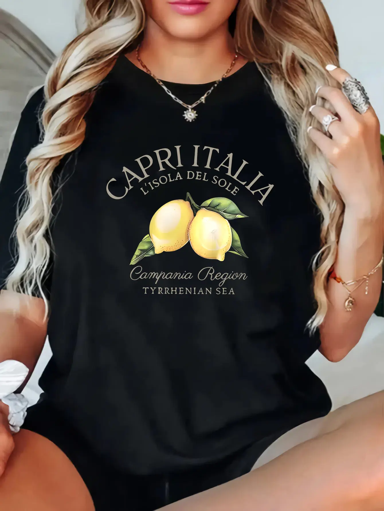 Women's 100% Cotton Graphic Tee - Capri Italia Lemon & Geometric Print, Unisex Casual Relaxed Fit, Round Neck Short Sleeve, Breathable Soft Cute Everyday Top, Vibe, Love, Style