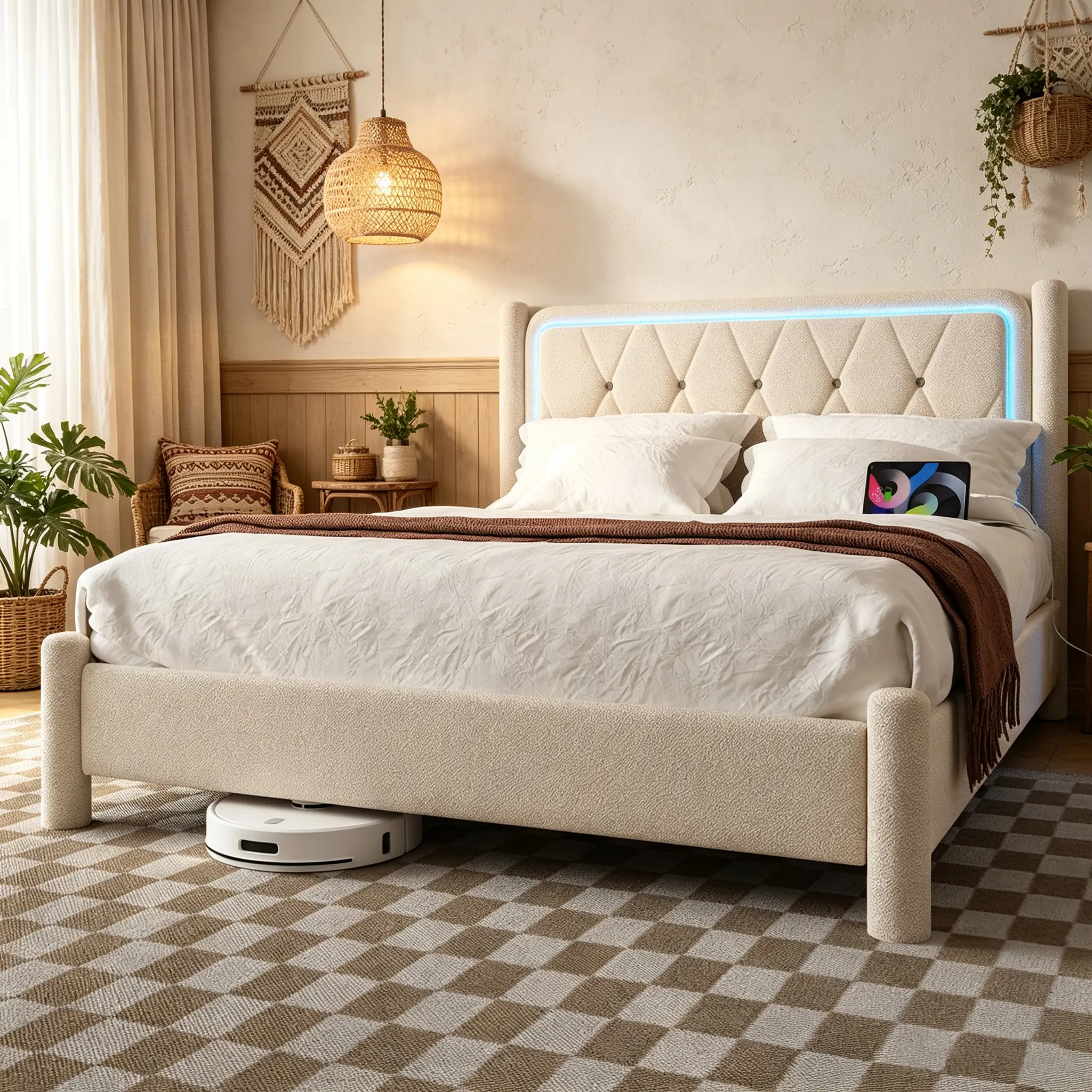 CollaredEagle Modern Linen Fabric Upholstered Platform Bed Frame - Dual-Style Built-in Outlets Headboard, Colorful LED Lighting, Wooden Slat Support, No Spring Mattress Needed (Twin/Full Size) | Indoor Furniture, Bed Frames & Headboards, Led Bed Frame