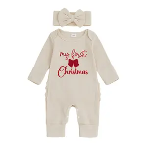 Kids Infant Newborn Baby Girls Christmas Romper My First Christmas Tree Embroidery Long Sleeve Waffled Jumpsuit with Bow Headband	 				