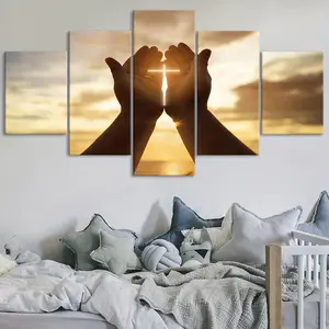 2D flat praying hands 5-panel framed canvas, modular printed art. Modern design ideal for bedroom, living room, kitchen, dorm wall decor. Perfect gift.