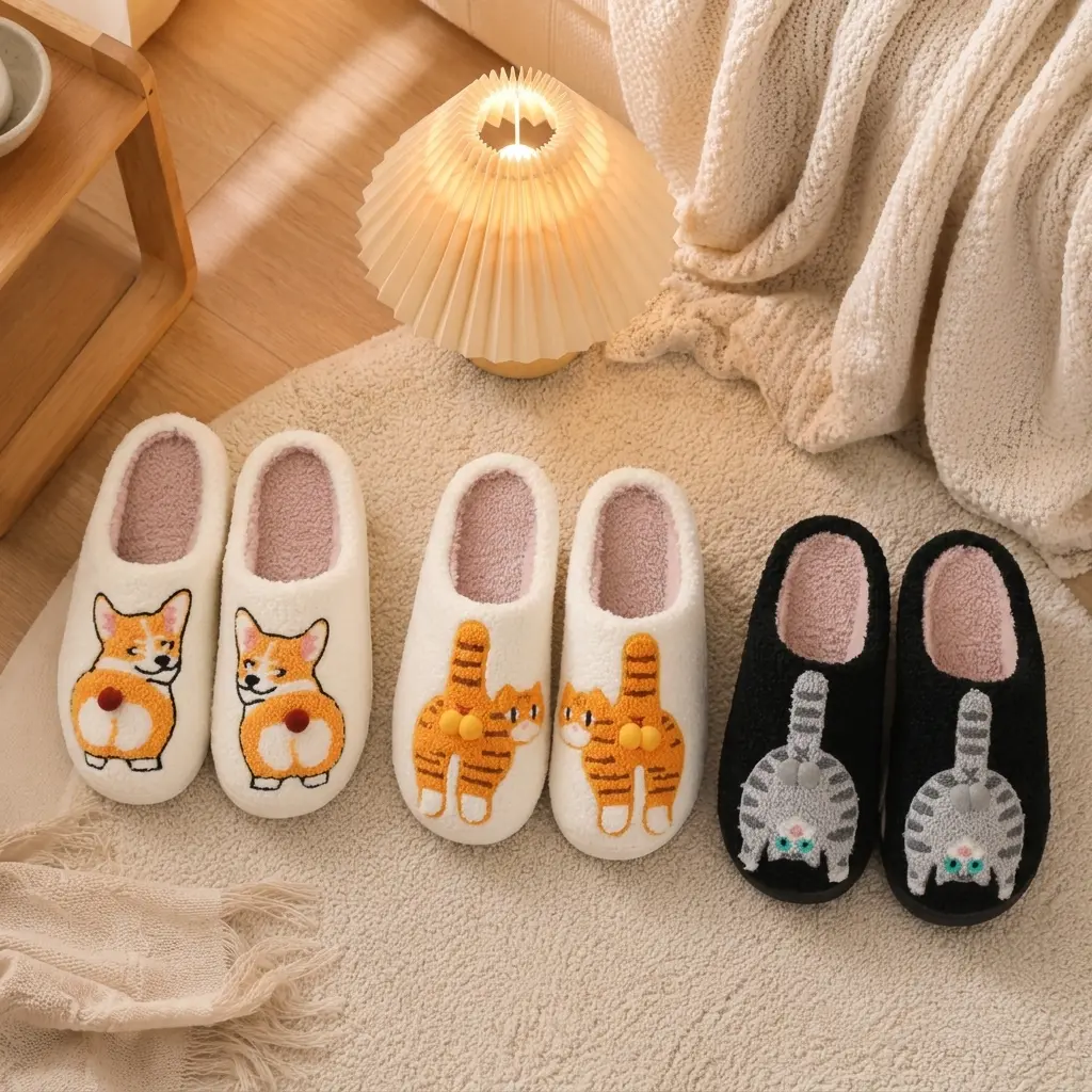 Cute Animal Plush House Slippers for Women, Cozy Fuzzy Closed Toe Indoor Slippers, Warm Soft Non-Slip Bedroom Shoes