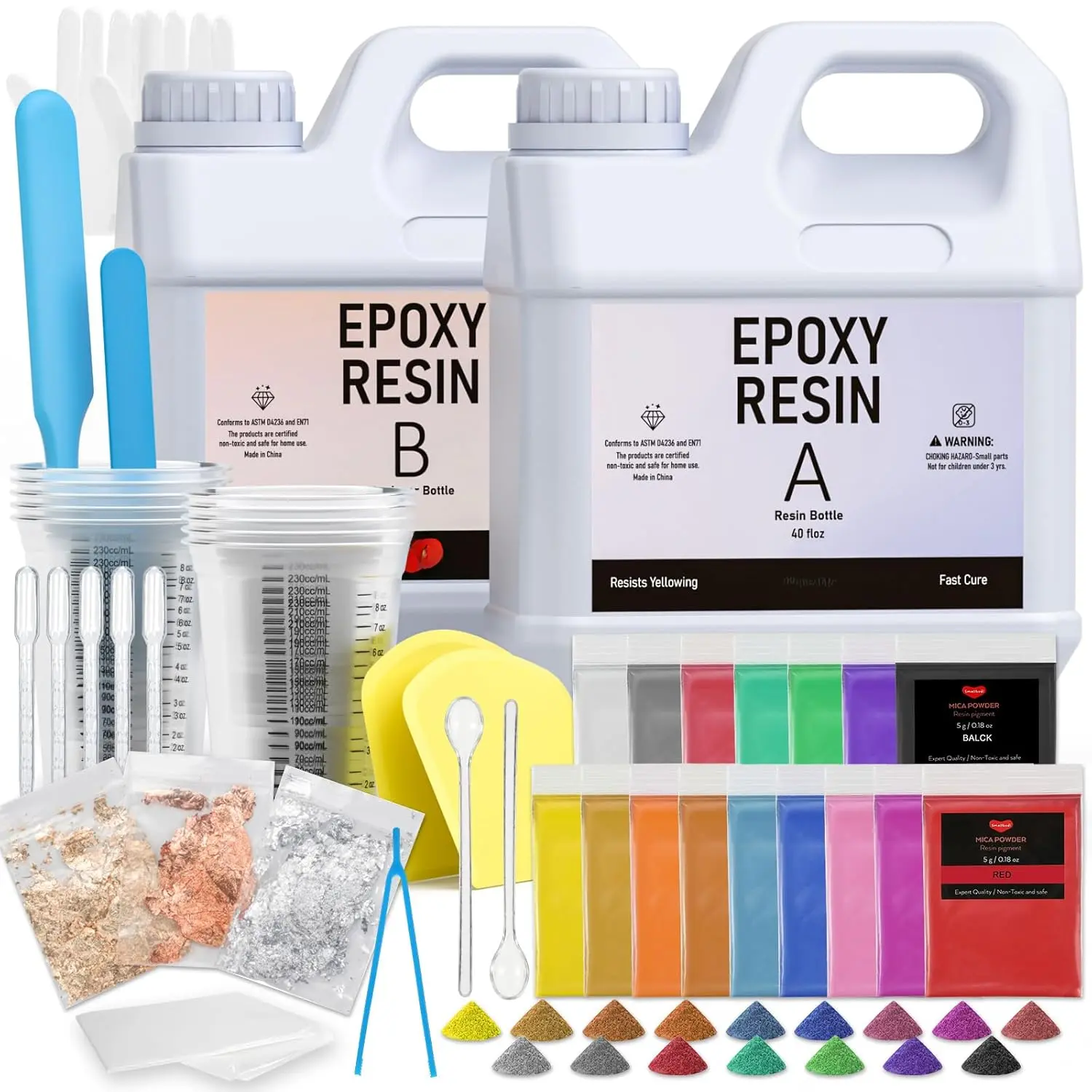 80 Oz Epoxy  Kit with 16 Colors Mica ,  Foil, Cups & Stick,  Clear  Beginner Supplies for Coating Casting Table, Molds,  Making, DIY Art Craft, 1:1 Ratio
