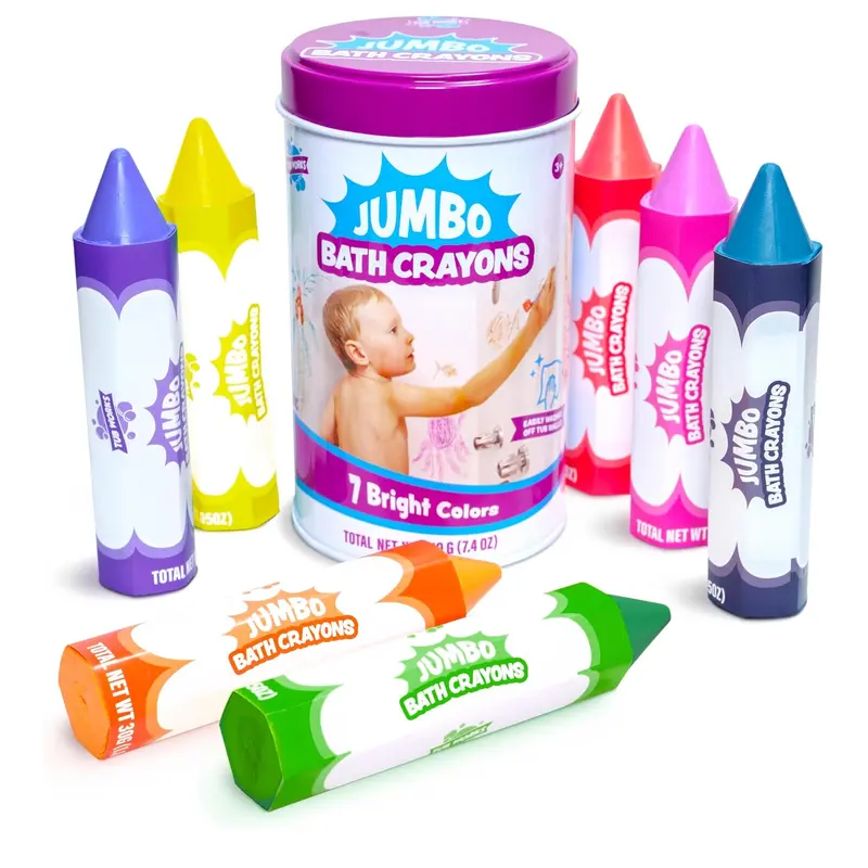 Tub Works Jumbo Bath Crayons 7-Pack - 3+ Years Unisex Hex Grip Kids Toy, 4 inches Long 1in Thick, BPA/Phthalate-Free Non-Toxic Washable Water-Soluble Ink, Waterproof Wrap, Vivid Colors for Tub Walls, Fun Bathtime Creativity, Easy to Clean