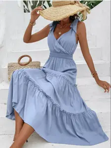 Summer New Women's Solid Color Tie Back Strap High Waist Long Dress, Stylish and Comfortable Fashion Apparel