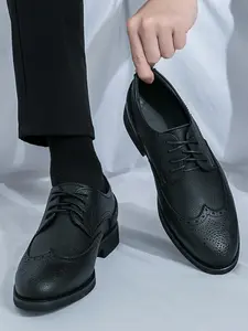 Men's Business Style Brogue Embossed Derby Shoes, Formal Occasion Dress Shoes for Work Office, Male All-match Commuter Shoes for Daily Wear, Boy, Solid Color Shoes