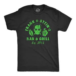 Mens Frank and Steins Bar and Grill T Shirt Funny Frankenstein Halloween Tee for Guys Mens Funny T Shirts Cool Vintage Fashion T-Shirt Gift Classic Menswear Halloween Apparel for Men Novelty Tees for Guys Black -