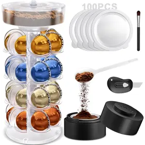 Vertuo Pods Holder for  Pods Vertuo,  Pods Kit for  Vertuo, Refillable Coffee Pods with 100 count  Foil Lids, Pod Holder for  Vertuo Machine