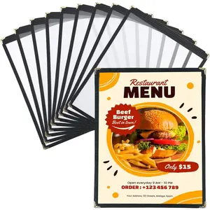 10 Pack 1 Page Menu Covers, 2 View 8.5 x 11 Inch Clear PVC Menu Holder, Double Stitched Restaurant Menu Sleeves for Food Wine Drink Menus