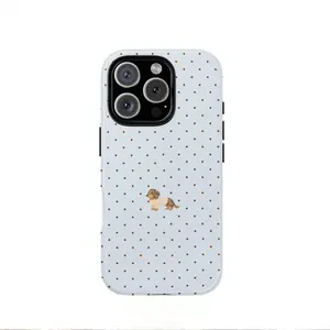 Featuring a charming dachshund and light-blue polka-dot pattern, this durable, shock-absorbing, and glossy 2-in-1 phone case is compatible with iPhone 17, 16, 15, 14, 13, 12, 11, X, Samsung, and other series models