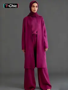 Modest Fashion Simple Knitted Turtle Neck Tank Top and Wide Leg Pants Set with Long Open Cardigan Three Piece Set, Casual Fall & Winter, Modesty