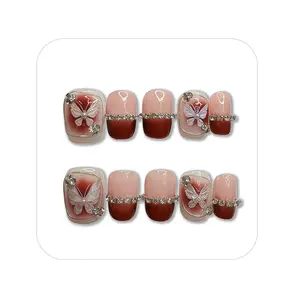 S6 Burgundy Butterfly Spring/Summer White Vintage removable press on nails nails Matte And GlitterHandmade Holiday Nail Art for Everyday Wear or Gift