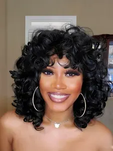 Short Curly Wigs for Black Women Afro Kinky Curly Wig with Bangs Loose Cute Curls Synthetic Hair for African American Women Synthetic Machine Wigs