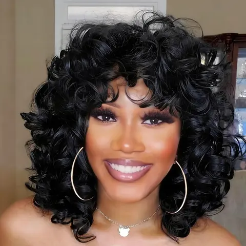 【Black Friday】Short Curly Wig for Black Women, Loose Curly Wig with Bangs, Cute Curls Synthetic Hair for African American Women