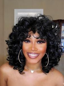 Short Curly Wigs for Black Women Afro Kinky Curly Wig with Bangs Loose Cute Curls Synthetic Hair for African American Women