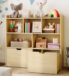 Gaomon Wood Color Multifunctional Floor Toy Storage Organizer - Normal Drawer Unit with Movable Drawers, 5 Open Cubbies, Hidden Wheels, and Bookshelf Book Rack for Playroom