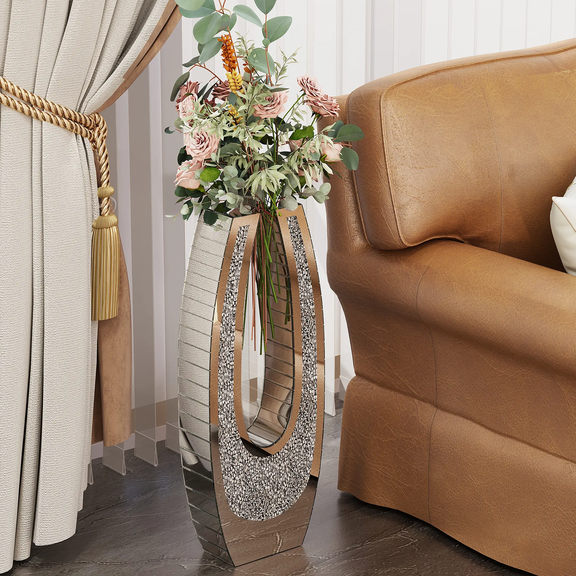 24.01-Inch U-Shaped Floor Vase with Shattered Diamond Mirror Surface, Silver Tempered Glass, Tall Crystal Decoration for Living Room, Corner, Hallway