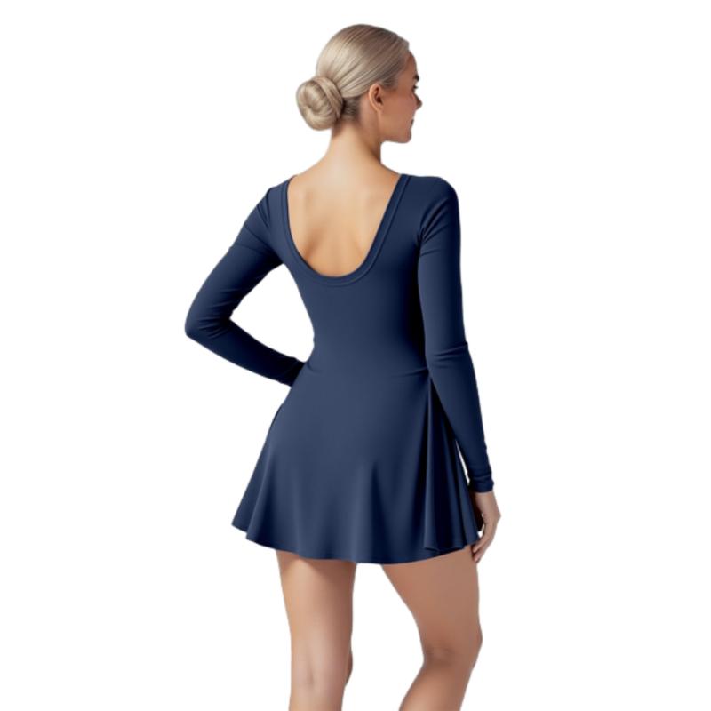 Women's Long Sleeve Solid Color Tennis Dress with Side Slit & Built-in Shorts for Yoga Golf & Athletic Activities High Stretch Nylon Sports Dress Crew Neck Spring Summer